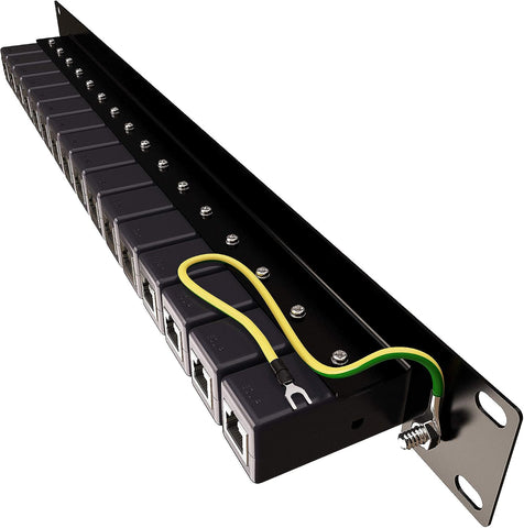 16 port rack mount RJ-45 for 10/100/1000mb Hi-Joule Network Surge Protector / Lightning Arrestor with Ground Strap and POE +