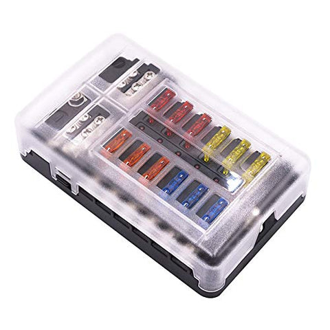 12 Port Power Distribution Box for ATC type fuses w/ LED and 12 Ground Screw Points