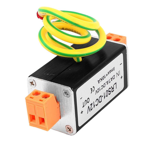 12VDC in-line surge protector with ground post and wire for power line lightning protection