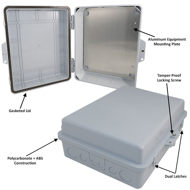 Altelix 14x11x5 PC + ABS Weatherproof NEMA Enclosure with Hinged Door & Aluminum Mounting Plate