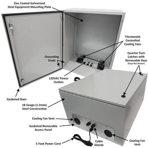 Altelix 32x24x16 Steel Weatherproof NEMA Enclosure with Dual Cooling Fans, Dual 120 VAC Duplex Outlets and Power Cord